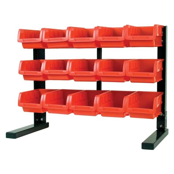Table Top Storage Rack with 15 Red Plastic Bins, Steel Frame, 21-1/4 in. W x 16-3/4 in. H x 10-7/8 i, Performance Tool, Mfr#: W5186